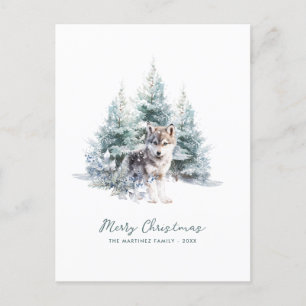 Woodland Pine Forest Wolf Merry Christmas Holiday Postcard