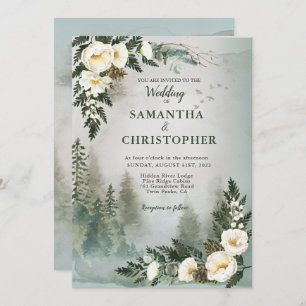 Woodland Pine Ivory Watercolor Floral Wedding Invi Invitation