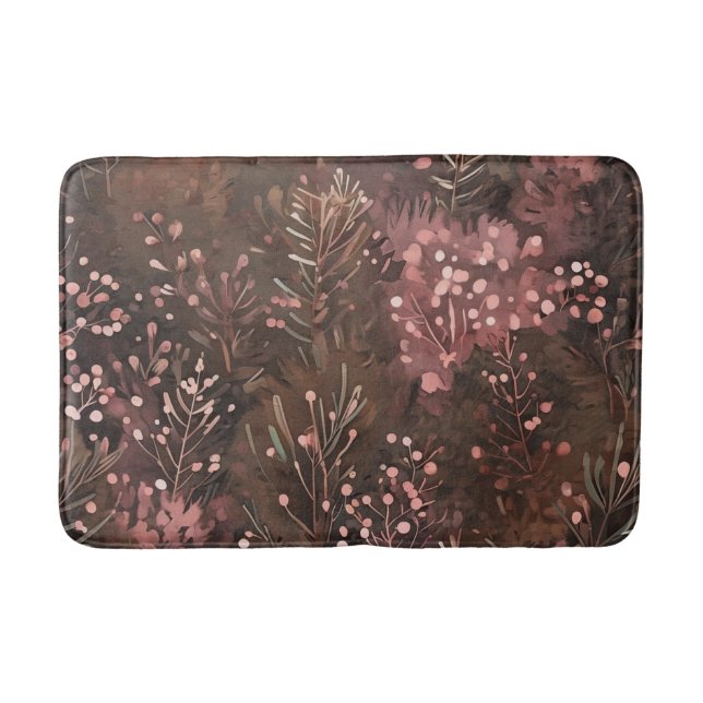 Woodland Pine & Soft Pink Berries in Earthy Tones Bath Mat (Front)