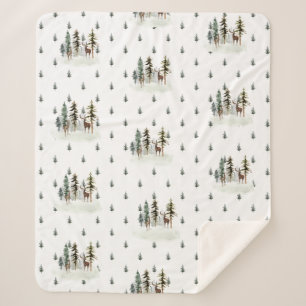 Woodland Pine Tree Forest Reindeer Sherpa Blanket