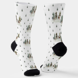 Woodland Pine Tree Forest Reindeer Socks