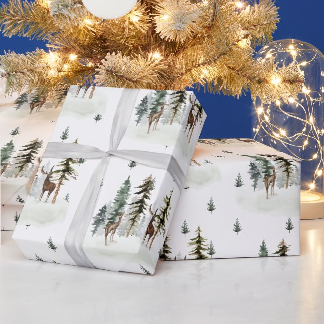 Woodland Pine Tree Forest Reindeer Wrapping Paper (Holidays)