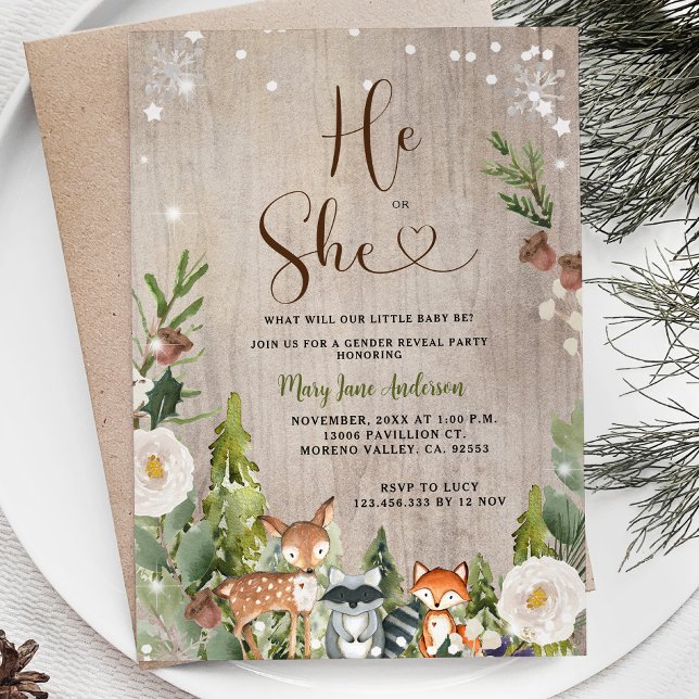 Woodland Pine Trees Winter Gender Reveal Invitation (Creator Uploaded)