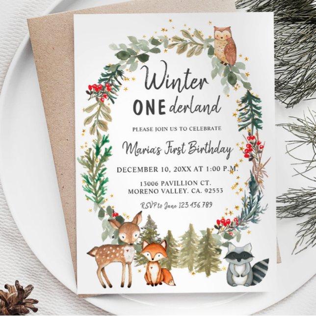 Woodland Pine Trees Winter Onederland Birthday Invitation (Creator Uploaded)