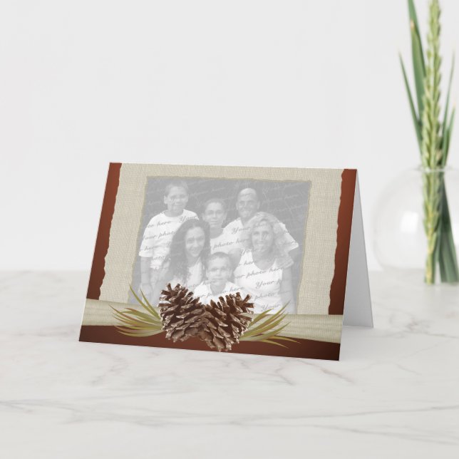 Woodland Pinecones and Burlap Photo Holiday Card (Front)
