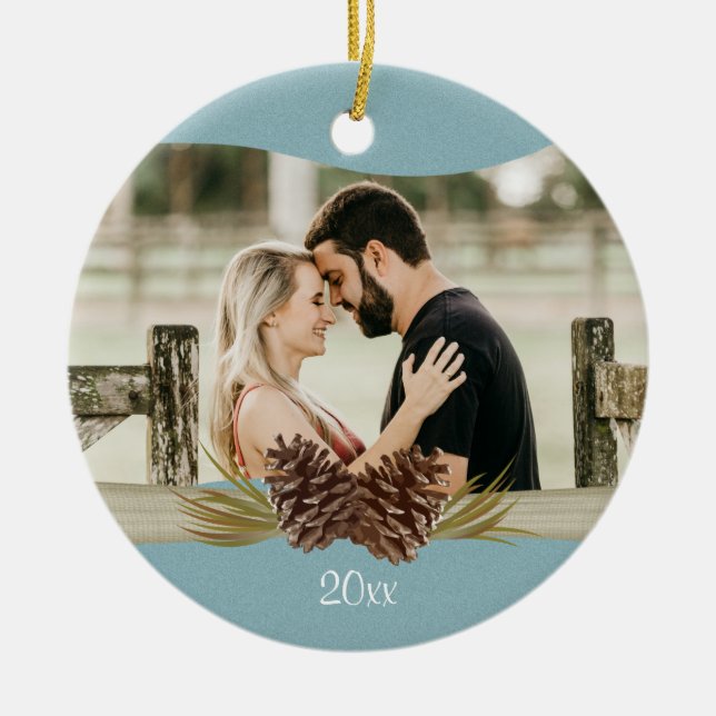 Woodland Pinecones Blue Photo Ceramic Ornament (Front)