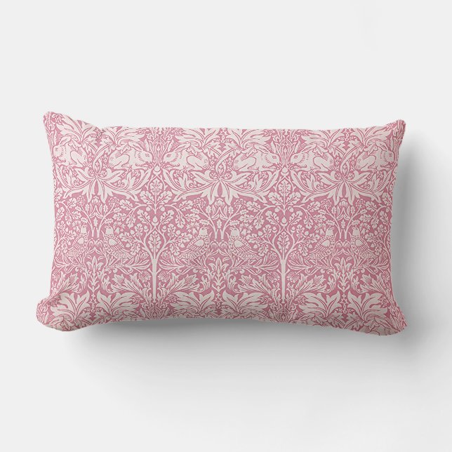 Woodland Pink Bird Rabbit William Morris Pattern  Lumbar Cushion (Front)