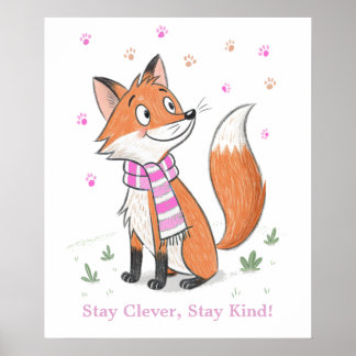 Woodland Pink Cheeky Fox - Playful Doodle Animal  Poster