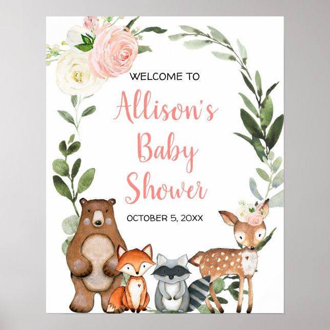 Woodland pink floral baby shower welcome sign (Front)