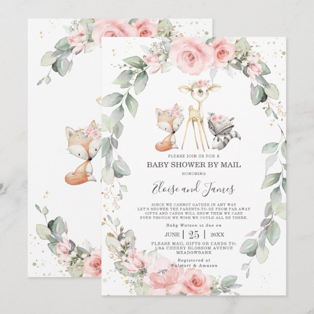 Woodland Pink Floral Greenery Baby Shower by Mail Invitation (Front/Back)