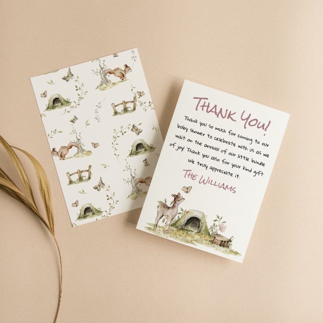 Woodland Pink Girl Forest Deer Bunny Baby Shower Thank You Card (Creator Uploaded)
