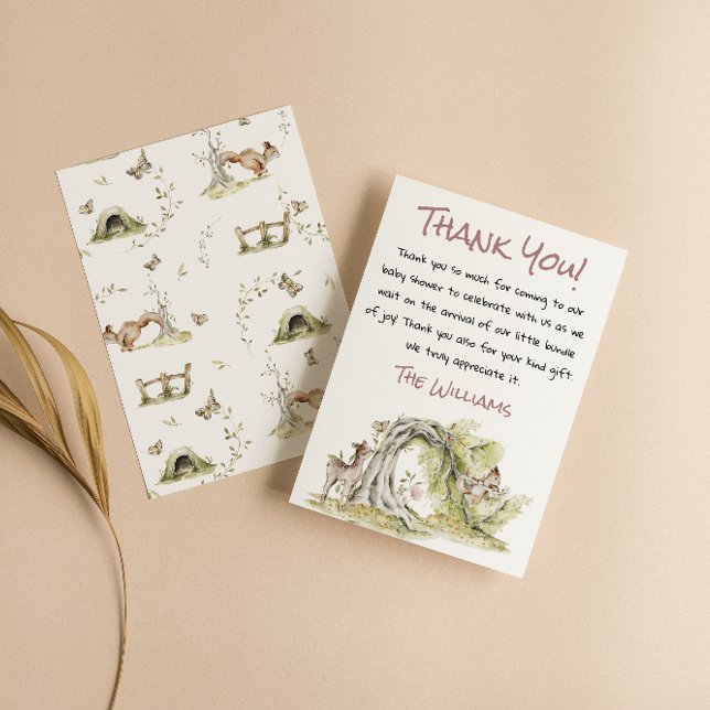 Woodland Pink Girl Wild Forest Cute Baby Shower Thank You Card (Creator Uploaded)
