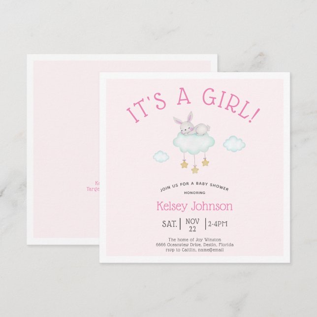 Woodland Pink It's a Girl Bunny Baby Shower Invitation (Front/Back)