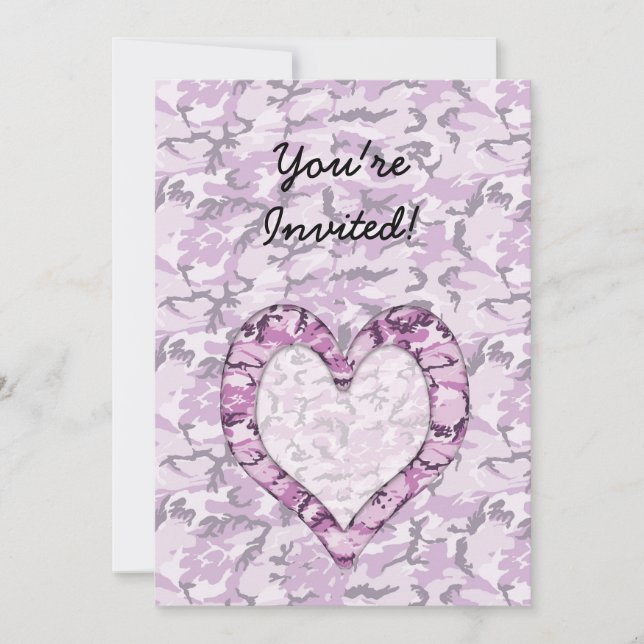 Woodland Pink/Purple Camouflage Heart on Camo Invitation (Front)