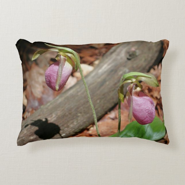 Woodland Pink Wild Lady Slipper Orchid Flowers  Decorative Cushion (Front)