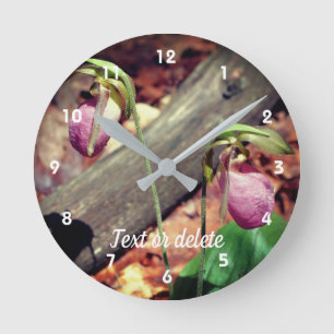 Woodland Pink Wild Lady Slipper Orchid Flowers Round Clock