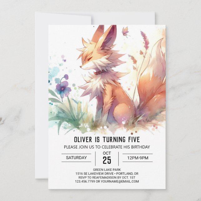 Woodland Printable Fox Birthday Invitation (Front)