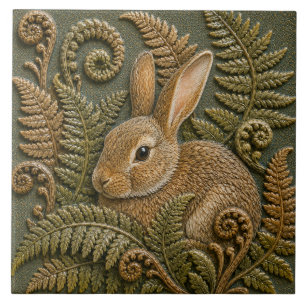 Woodland Rabbit Ferns Ceramic Tile