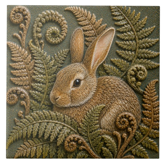 Woodland Rabbit Ferns Ceramic Tile (Front)