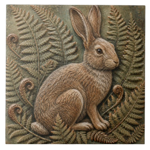 Woodland Rabbit & Ferns Cottagecore Nature Art Ceramic Tile