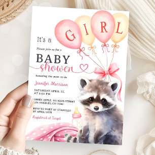 Woodland Raccoon Baby Shower Girl Pink Balloons Invitation