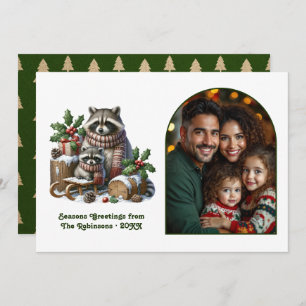 Woodland Raccoon Family Cozy Forest Christmas Holiday Card