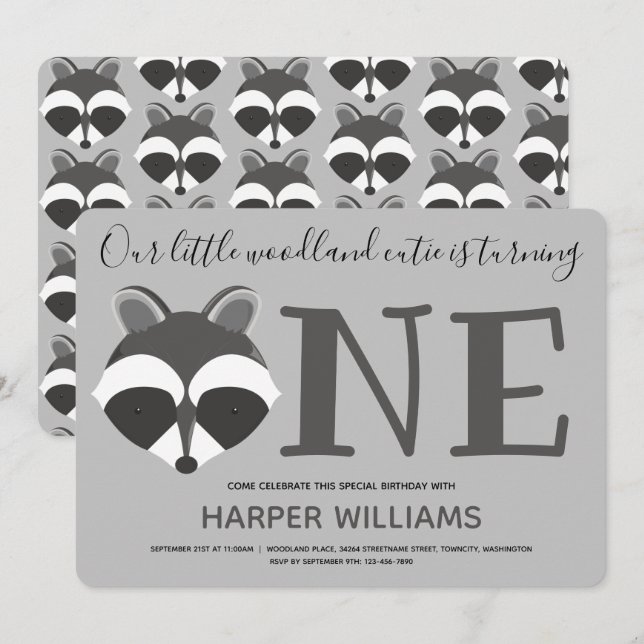 Woodland Racoon Baby One First Birthday Invitation (Front/Back)