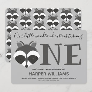 Woodland Racoon Baby One First Birthday Invitation