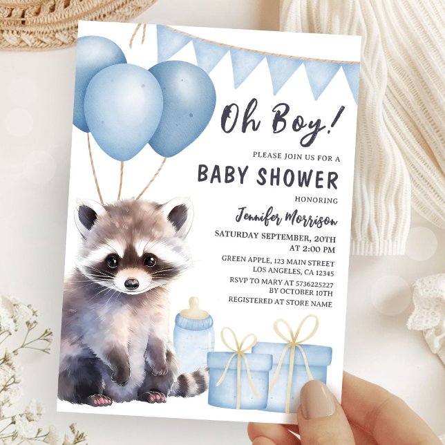 Woodland Racoon Baby Shower Boy Blue Balloons Invitation (Creator Uploaded)