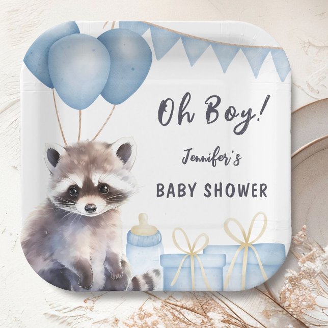Woodland Racoon Baby Shower Cute Boy Paper Plate (Creator Uploaded)