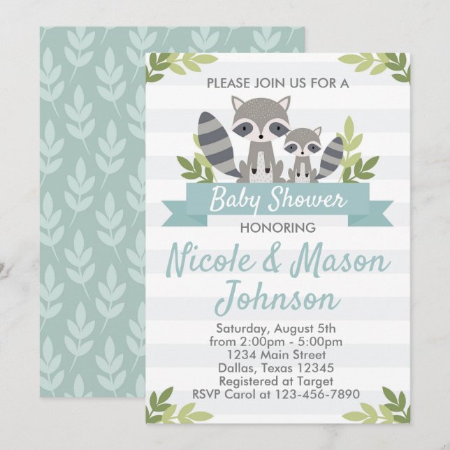 Woodland Racoon Baby Shower Invitation Invite (Front/Back)