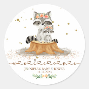 Woodland Racoon Baby Shower Welcome Classic Round Sticker
