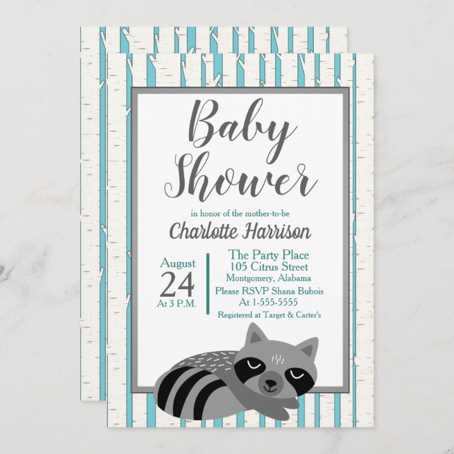 Woodland Racoon & Birch Trees Baby Shower Invitation (Front/Back)