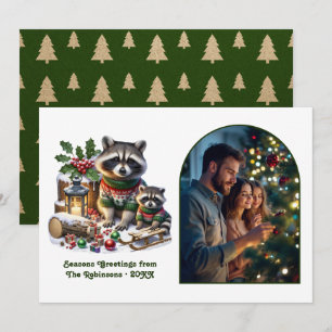 Woodland Racoon Family Rustic Forest Christmas Holiday Card