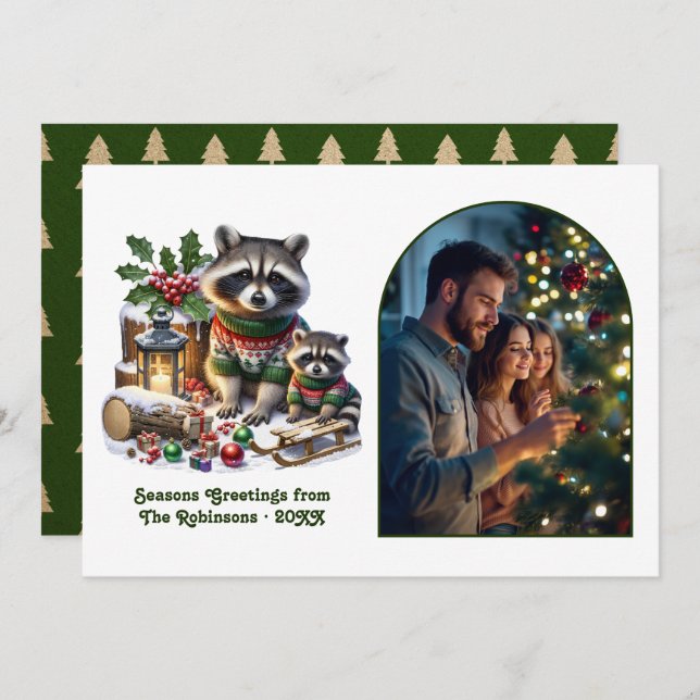 Woodland Racoon Family Rustic Forest Christmas Holiday Card (Front/Back)