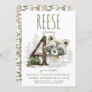 Woodland Racoon Fourth Birthday Invitation