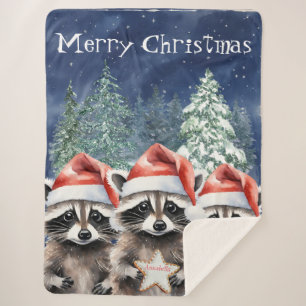 Woodland Racoon Merry Christmas Personalised Sherpa Blanket