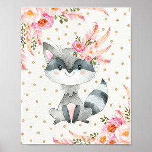 Woodland Racoon Nursery Art Boho Floral Decor