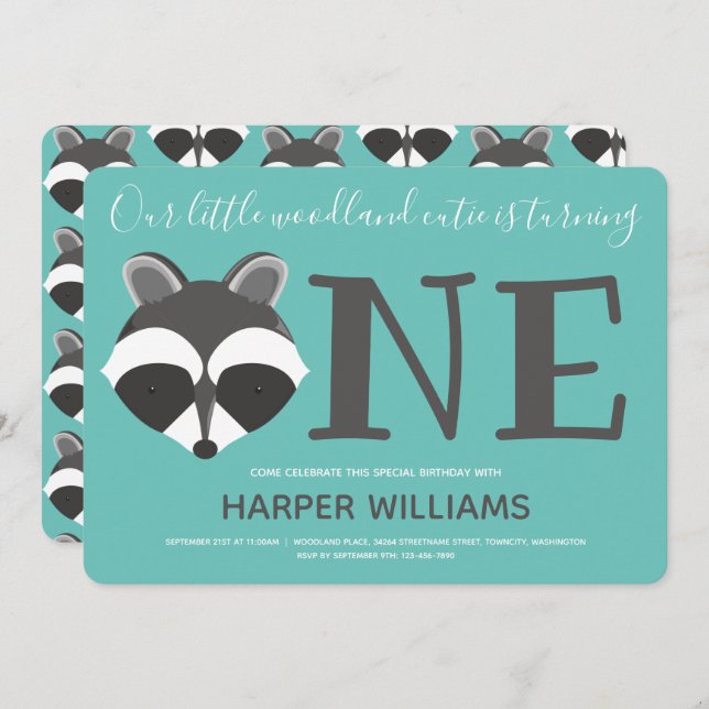 Woodland Racoon Teal Baby One First Birthday Invitation (Front/Back)
