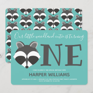 Woodland Racoon Teal Baby One First Birthday Invitation