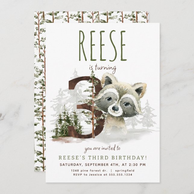 Woodland Racoon Third Birthday Invitation (Front/Back)