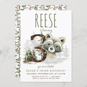 Woodland Racoon Third Birthday Invitation