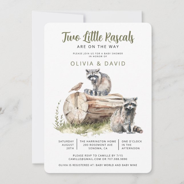 Woodland Racoon Twins Baby Shower Invitation (Front)