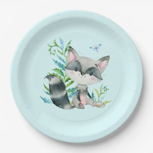 Woodland Racoon Whimsical Aqua Paper Plate
