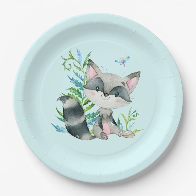 Woodland Racoon Whimsical Aqua Paper Plate (Front)