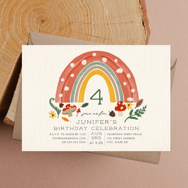 Woodland Rainbow Mushroom Botanical Birthday Party Invitation (Creator Uploaded)