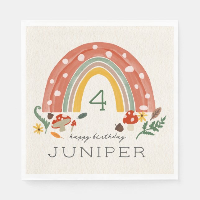 Woodland Rainbow Mushroom Botanical Birthday Party Napkin (Front)