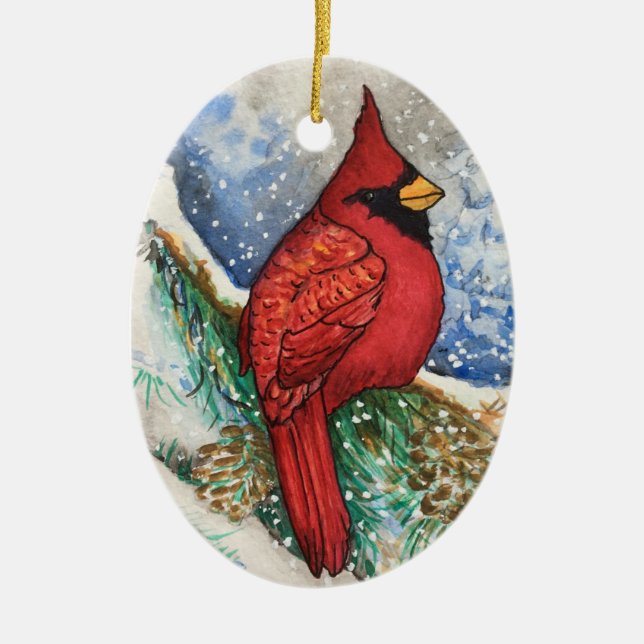 Woodland Red Cardinal Christmas Bird Oval Ornament (Front)