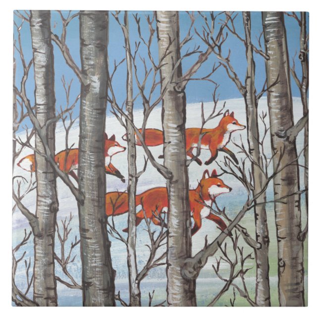 Woodland Red Fox Forest Scene Spring Snow Blue Sky Ceramic Tile (Front)