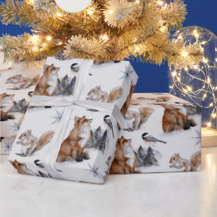 Woodland red fox squirrel bird snowflake winter wrapping paper